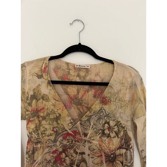 Vintage Y2K Forever 21 Renaissance Floral Mesh 3/4 Sleeve Top - Picture 4 of 4